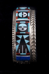 Zuni Bracelet, "3 God's eye", inlay of turquoise jet white, mother of pearl, red coral, blue lapis, denium opal