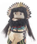 Zuni Shalako katsina sculpture. date unknown, made of pine with elaborate cloth costume and beaded necklace. Includes wool yarn, horsehair and muslin